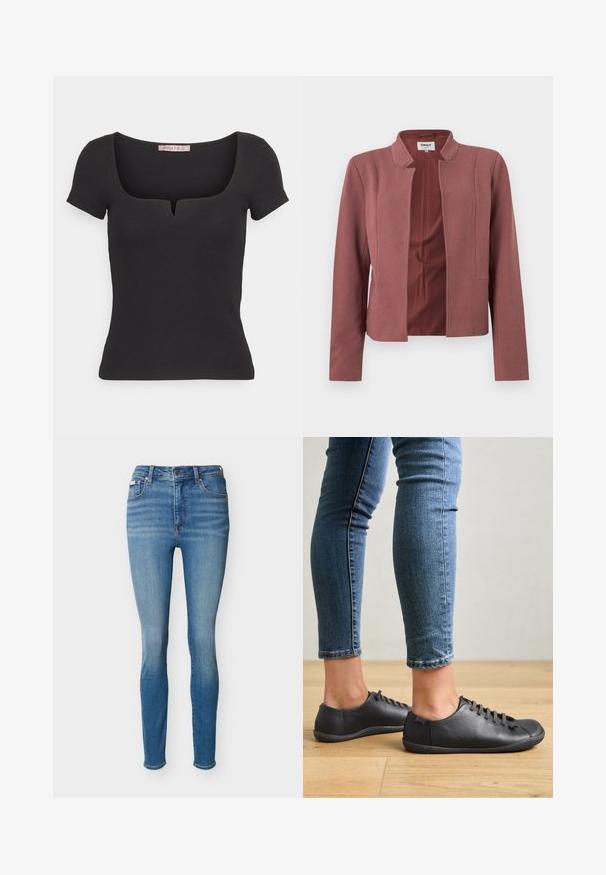 Rosa farvet skræddersyet blazer med åben front, reverskrave, lange ærmer og subtil tekstur i stoffet.; Sort kortærmet top lavet af ribbet materiale, med en firkantet halsudskæring og en lille udskæring. Enkel, tætsiddende design.; Blå denim skinny jeans med falmet front og knaplukning, vist på en simpel lys grå baggrund.; Sorte lædersko med rund tå, lav profil og snørebåndsdesign. Kombineret med blå, tætsiddende jeans og en baggrund af trægulv.