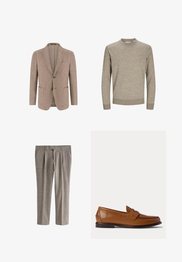 Beiger Herrenblazer mit Fischgrätmuster, zwei vorderen Knöpfen, Kerbkragen, Brusttasche und zwei aufgesetzten Taschen auf weißem Hintergrund.; Beiger Pullover mit Rundhalsausschnitt und langen Ärmeln, mit gerippten Bündchen und Saum, auf weißem Hintergrund präsentiert.; Graue Karohosen mit geradem Bein, vorne mit Falten, einem einzelnen Knopfverschluss und Taschen. Strukturierter Stoff.; Brauner Leder-Penny-Loafer mit niedrigem Absatz und gesteppten Details an Vorder- und Seitenpartien, seitlich auf weißem Hintergrund dargestellt.