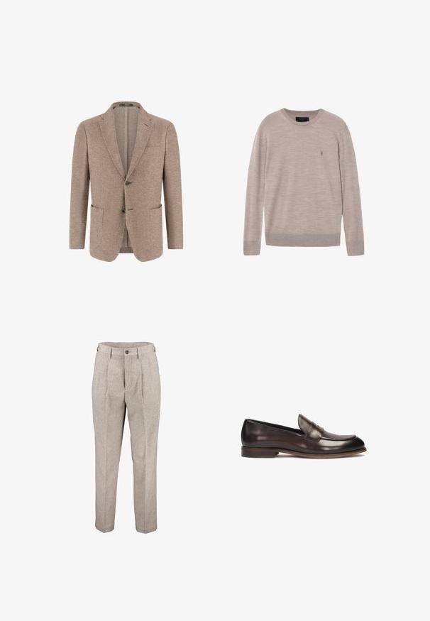 Blazer para hombre en beige con patrón de espiga, dos botones frontales, solapas con muesca, bolsillo en el pecho y dos bolsillos parche sobre fondo blanco.; Suéter de punto color beige claro con mangas largas y cuello redondo, con puños y dobladillo acanalados, que presenta un pequeño logo bordado en el pecho izquierdo.; Pantalones beige a medida con pliegues, trabillas para cinturón y cierre con botón en la cintura, mostrados sobre un fondo blanco.; Mocasines de cuero marrón oscuro con punta redondeada, detalle de costura elevada y un pequeño tacón. Textura suave y diseño clásico.