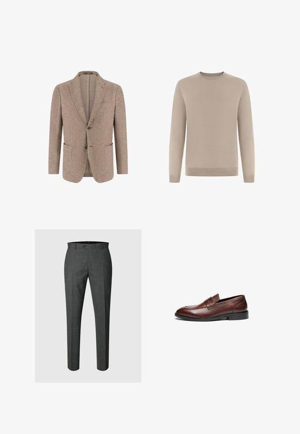 Herre beige blazer med fiskebensmønster, to frontknapper, hakkede revers, brystlomme og to påsyede lommer på hvid baggrund.; Beige langærmet sweater lavet af blødt, fint strikket stof. Har en rund halsudskæring og ribstrikkede ærmeafslutninger og kant for et tætsiddende udseende.; Mørkegrå skræddersyede formelle bukser med knaplukning og bæltestropper, vist mod en lysegrå baggrund.; Brune læder loafers med en glat finish, rund tå, dekorativ rem og sort gummisål. Har minimal syning detaljer.
