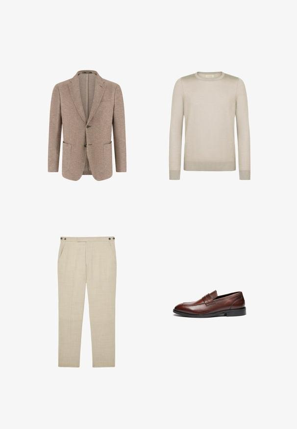 Herre beige blazer med fiskebensmønster, to frontknapper, hakkede revers, brystlomme og to påsyede lommer på hvid baggrund.; Lys beige sweater lavet af blødt materiale. Har en rund halsudskæring, lange ærmer og ribbede manchetter og kant for et tætsiddende look.; Beige skræddersyede bukser med forlommer, knappede sidebånd ved linningen og en slank, lige benpasform.; Brune læder loafers med en glat finish, rund tå, dekorativ rem og sort gummisål. Har minimal syning detaljer.