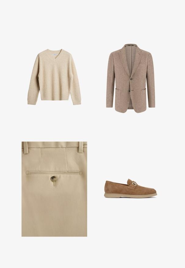 Blazer para hombre en beige con patrón de espiga, dos botones frontales, solapas con muesca, bolsillo en el pecho y dos bolsillos parche sobre fondo blanco.; Suéter de punto acanalado beige con escote en V y mangas largas. Presenta un ajuste relajado y una tela texturizada para mayor calidez y comodidad.; Pantalones beige hechos a medida con bolsillo trasero que tiene un cierre con un botón marrón y trabillas para cinturón sobre la cintura.; Mocasines de ante marrón con una forma redondeada, que presentan un detalle de herrajes plateados en la correa y una suela de goma beige.