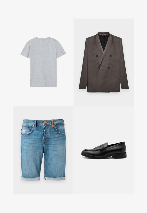 Blazer gris foncé croisé avec revers à pointe et quatre boutons noirs, présenté à plat sur un fond blanc.; T-shirt gris à manches courtes en mélange de coton doux, avec un col rond classique et une texture lisse et légère.; Shorts en jean bleu avec revers roulés, fermeture avant à boutons et fermeture éclair, passants pour ceinture et plusieurs poches avant dont une petite poche pour pièces.; Mocassin homme en cuir noir avec détail pompon, bout arrondi, talon bas et finition polie lisse, montré de profil sur fond blanc.