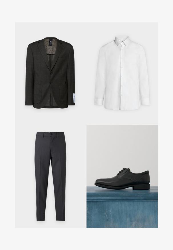 Blazer gris foncé avec un subtil motif à carreaux, deux poches avant et des boutons marron. L'intérieur doublé présente un design texturé.; Chemise blanche à manches longues avec col à pointes et poignets boutonnés, présentée de face sur fond gris clair uni.; Pantalon habillé gris foncé sur mesure avec bouton à l'avant et passants pour ceinture, présenté à plat sur fond blanc.; Chaussure habillée en cuir noir avec une finition brillante, bout arrondi, conception à lacets, coutures contrastantes et un petit talon en caoutchouc.