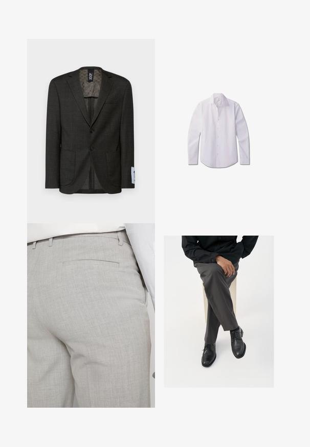 Blazer gris foncé avec un subtil motif à carreaux, deux poches avant et des boutons marron. L'intérieur doublé présente un design texturé.; Jeune homme aux cheveux courts et bouclés portant une chemise blanche boutonnée et un pantalon noir, debout les mains derrière le dos.; Pantalon gris clair sur mesure en tissu texturé, avec une seule poche arrière et des coutures nettes.; Des chaussures en cuir noir à lacets avec une finition brillante, accompagnées de pantalons gris sur mesure, présentées en position assise sur un fond blanc.