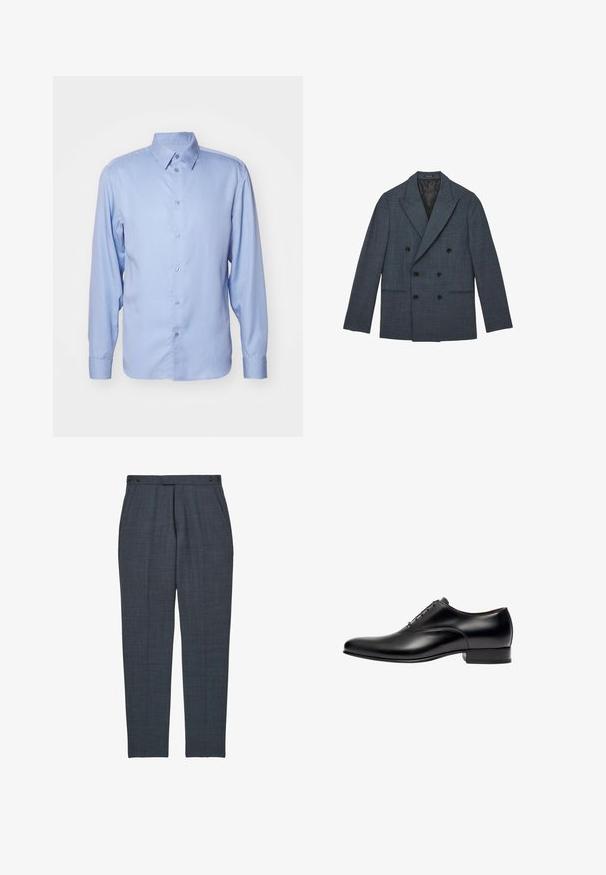 Dobbeltradet mørkegrå blazer med spidse reverser, seks sorte knapper, to forlommer med kant og sort inderfor.; Lyseblå skjorte med lange ærmer lavet af glat stof, med klassisk krave, knaplukning og tætsiddende pasform med knapmanchetter.; Mørkegrå skræddersyede bukser med sidelommer og knappede justerbare talje-stropper, smal lige ben pasform.; Sort lædersko til kjole med et elegant design, rundet tå, diskrete syninger og en lav, firkantet hæl. Glat tekstur over det hele.