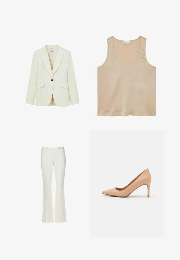 Reiss Blazer - cream; Reiss REGULAR FIT - Blusa - neutral; Pantalones acampanados blancos en una tela suave. Presenta dos bolsillos frontales y un cierre de botón en la parte delantera, con un sutil detalle de pliegues.; Pumps nude de cuero con tacón alto y puntera en punta, textura suave y tacón delgado. Diseño minimalista con escote bajo.