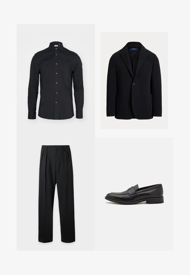 Sort blazer med notch revers, enkelt knaplukning, to forlommer og en brystlomme. Fremstillet af glat stof med en skræddersyet pasform.; Sort langærmet skjorte med knapper og klassisk krave. Lavet af glat stof, har frontknapper og rundede manchetter.; Sorte skræddersyede bukser med høj talje, bæltestropper, frontfolder, knaplukning og lige vide ben på en lys baggrund.; Sort læderloafer med en glat finish, en dekorativ rem over vristen, rund tå og en lav stablet hæl.