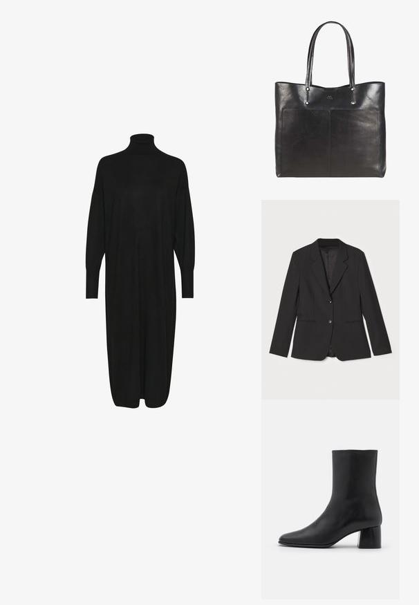 Sort blazer med skræddersyet pasform, enkelt knaplukning, notched lapeller, sidelommer og glat indvendig foring. Lavet af letvægtsstof.; Sort strikket kjole med høj mock neck, lange ærmer og en afslappet pasform. Glat tekstur med længde til midt på læggen og ingen synlige mønstre eller detaljer.; Sorte læder ankelstøvler med spids tå og en kraftig firkantet hæl. Glat overflade med et sømløst design og minimalistisk syning.; Sort læder tote taske med to lange håndtag, glat tekstur, stor forlommeslomme og subtil syningsdetalje. Minimalistisk design.