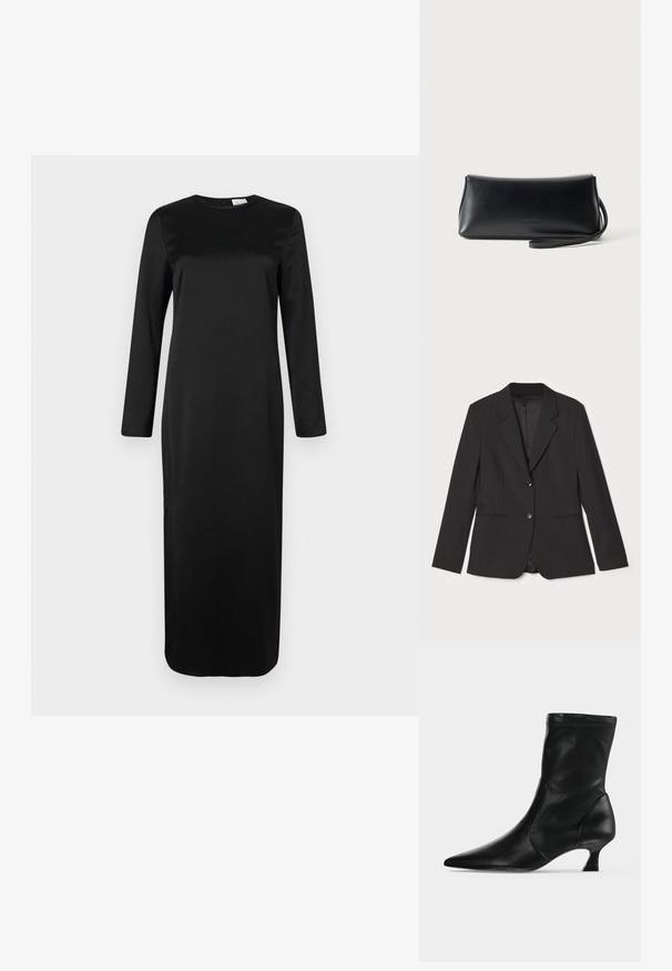 Veste noire avec une coupe ajustée, fermeture à un bouton, revers crantés, poches latérales et doublure intérieure lisse. Fabriquée en tissu léger.; Robe noire à manches longues en tissu lisse, avec un col rond classique et une coupe droite, d'une longueur aux genoux.; Botte mi-mollet en cuir noir avec bout pointu et petit talon kitten, vue de profil sur un fond clair uni.; Pochette en cuir noir lisse avec une fine lanière de poignet, forme rectangulaire, et logo embossé subtil centré sur le devant.
