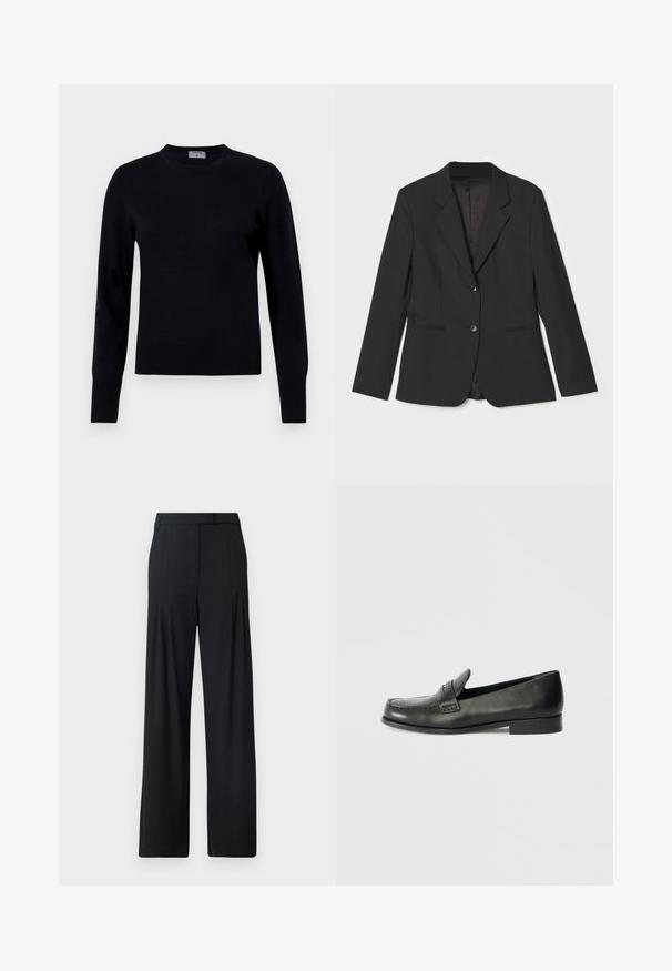 Veste noire avec une coupe ajustée, fermeture à un bouton, revers crantés, poches latérales et doublure intérieure lisse. Fabriquée en tissu léger.; Pull en tricot noir avec un col rond et des manches longues. Présente une texture lisse et des poignets côtelés, offrant une coupe et un design classiques.; Pantalons larges noirs avec un devant plat, des plis et une taille ajustée. Fabriqués en tissu lisse et léger.; Mocassins en cuir noir avec un bout arrondi, des détails de couture surélevés et un talon bas empilé. Texture lisse avec un éclat subtil.