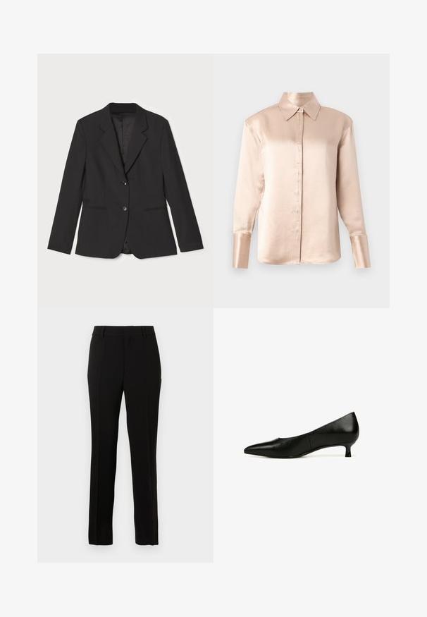 Zwarte blazer met een getailleerde pasvorm, enkel knoopsluiting, geknipte revers, zijzakken en een gladde binnenvoering. Gemaakt van lichtgewicht stof.; Satin blouse in zacht beige met een klassieke kraag, lange mouwen, knoopsluiting aan de voorkant en een licht oversized pasvorm. Gladde textuur, minimale details.; Zwarte op maat gemaakte pantalon van een gladde stof, met een rechte snit, plooien, riemlussen en een rits om te sluiten.; Zwarte leren kitten heel schoen met een spitse neus, een gladde textuur en een minimalistisch ontwerp. De hakhoogte is ongeveer 3,8 centimeter.