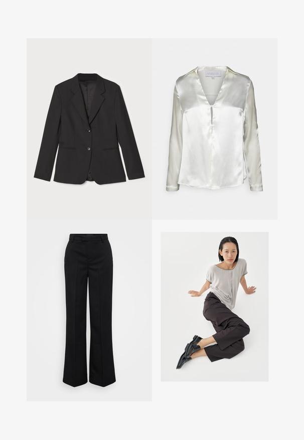 Zwarte blazer met een getailleerde pasvorm, enkel knoopsluiting, geknipte revers, zijzakken en een gladde binnenvoering. Gemaakt van lichtgewicht stof.; STUDIO ID ALYSSA - Blouse - champagne; Gina Tricot Tall STRAIGHT TROUSERS - Broek - black; Lichtgrijze top met korte mouwen, donkere wijde broekspijpen en zwarte loafers. Soepele stof, ontspannen pasvorm en contrasterende bies op het shirt.