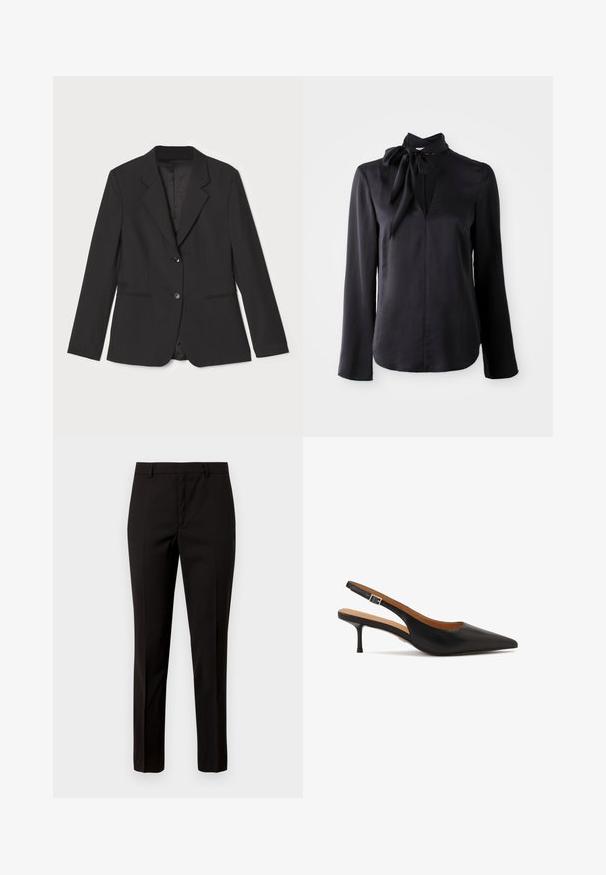 Schwarzer Blazer mit tailliertem Schnitt, einreihiger Knopfschluss, Reverskragen, Seitentaschen und glattem Innenfutter. Hergestellt aus leichtem Stoff.; Schwarze Bluse mit langen Ärmeln aus glatter Stoffqualität, mit V-Ausschnitt und einer gebundenen Kragenverzierung. Besitzt einen geraden Schnitt und dezente Nähte.; Schwarze maßgeschneiderte Hose mit geradem Bein, aus glattem Stoff, mit flachem Bund und Gürtelschlaufen. Keine sichtbaren Muster oder Akzente.; Schwarzer Slingback-Absatzschuh aus Leder mit spitzer Spitze, dünnem Absatz und verstellbarem Knöchelriemen; glatte Textur und minimalistische Details.