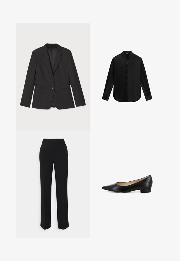 Schwarzer Blazer mit tailliertem Schnitt, einreihiger Knopfschluss, Reverskragen, Seitentaschen und glattem Innenfutter. Hergestellt aus leichtem Stoff.; Schwarzes langärmeliges Hemd mit Knöpfen, Kragen und Manschetten, vor einfachem weißem Hintergrund.; Schwarze, gerade geschnittene Hosen mit glatter Textur. Verfügt über einen Bund und keine sichtbaren Muster oder Akzente. Klassisches und maßgeschneidertes Design.; Schwarze Leder-Ballerinas mit spitzem Zehenbereich, niedrigem Blockabsatz und glatter Textur. Innen gibt es ein beiges Futter für zusätzlichen Komfort.