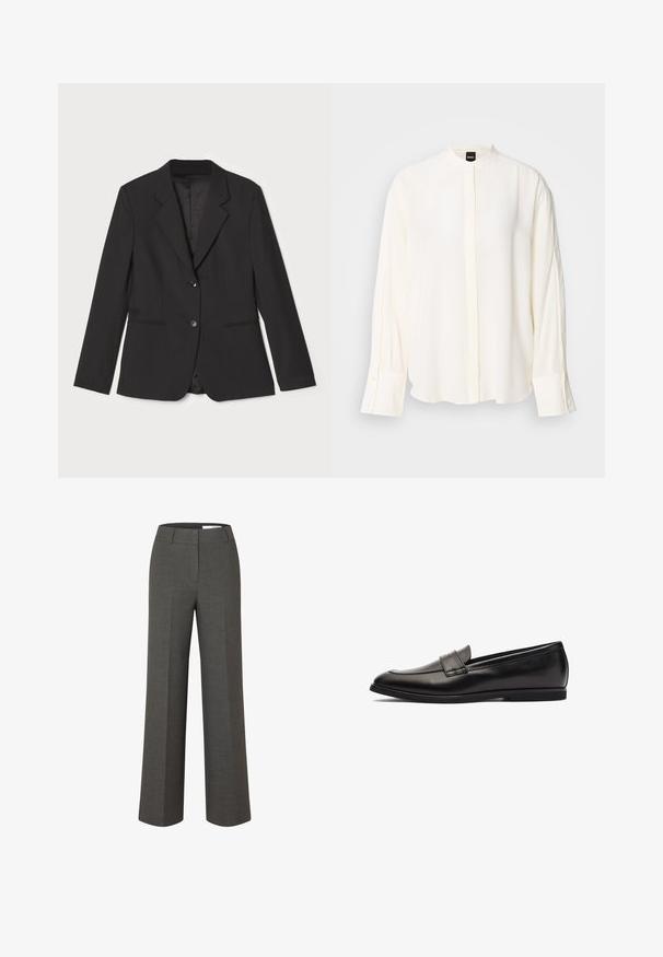 Sort blazer med skræddersyet pasform, enkelt knaplukning, notched lapeller, sidelommer og glat indvendig foring. Lavet af letvægtsstof.; Langærmet, cremefarvet bluse lavet af glat stof; mandarin-krave, forflap, knappede ærmekanter og en afslappet pasform.; Mørkegrå skræddersyede bukser med vide ben, frontbirl og taljebånd med bæltestropper på hvid baggrund.; Sort læder loafersko med en glat finish, rund tå og dobbelte syninger på overdelen. Flad gummisål for komfort.