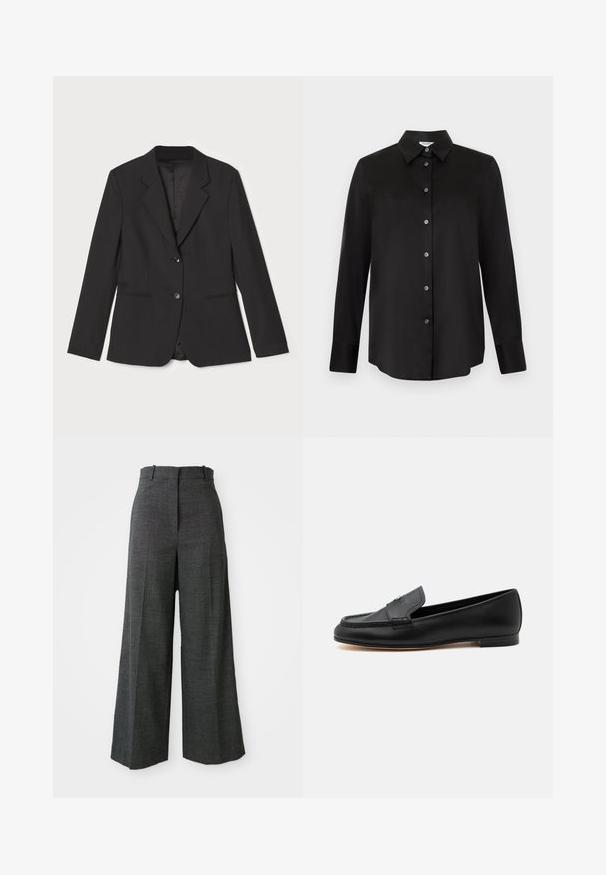 Sort blazer med skræddersyet pasform, enkelt knaplukning, notched lapeller, sidelommer og glat indvendig foring. Lavet af letvægtsstof.; Sort langærmet skjorte med knapper og spids krave med syv knapper, vist på en lysegrå baggrund.; Gråternet vidde bukser med høj talje, der har forkantfoldninger, vertikal struktur og uden synligt hardware eller detaljer.; Sort læderloafer med lav hæl, syninger og en lille metallisk detalje på vristen.