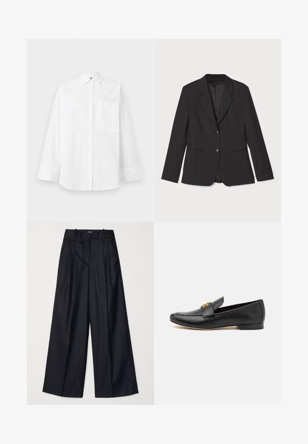 Veste noire avec une coupe ajustée, fermeture à un bouton, revers crantés, poches latérales et doublure intérieure lisse. Fabriquée en tissu léger.; Chemise blanche à boutons en coton. Caractéristiques : manches longues, col, et une poche poitrine. Texture lisse, design classique.; Pantalons noirs à jambes larges en tissu lisse, dotés d'une taille haute, de plis et d'une coupe ajustée. Quincaillerie noire simple à la taille.; Mocassins en cuir noir avec un bout rond, un talon plat et des accents en métal doré sur la sangle. Texture lisse avec des détails de conception minimaux.