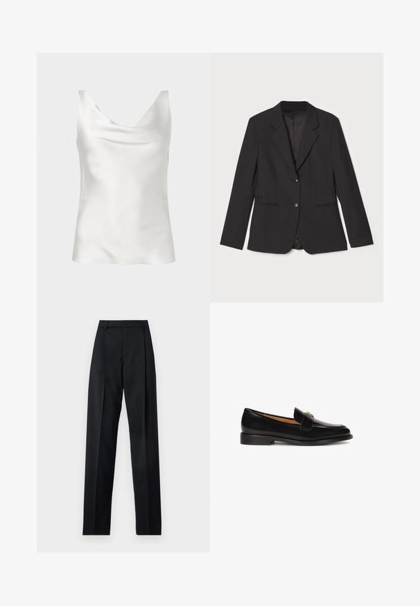 Veste noire avec une coupe ajustée, fermeture à un bouton, revers crantés, poches latérales et doublure intérieure lisse. Fabriquée en tissu léger.; Haut caraco sans manches en satin blanc avec un décolleté drapé et une texture lisse et brillante.; Pantalon noir en tissu lisse avec taille haute, jambes larges, plis à l'avant et passants de ceinture classiques. Pas de poches latérales visibles.; Mocassin en cuir noir avec un bout arrondi, une silhouette élancée et une sangle décorative avec accent en métal sur le dessus. Semelle en caoutchouc plate.