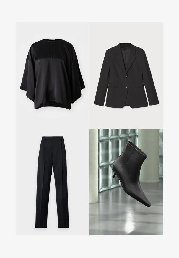 Veste noire avec une coupe ajustée, fermeture à un bouton, revers crantés, poches latérales et doublure intérieure lisse. Fabriquée en tissu léger.; Top en satin noir à coupe décontractée, avec un col rond, des manches larges et une fermeture éclair discrète au dos. Texture lisse et design minimal.; Pantalon noir en tissu lisse avec taille haute, jambes larges, plis à l'avant et passants de ceinture classiques. Pas de poches latérales visibles.; Bottine en cuir noir avec bout pointu et petit talon, présentée devant un mur en blocs de verre et un sol poli.