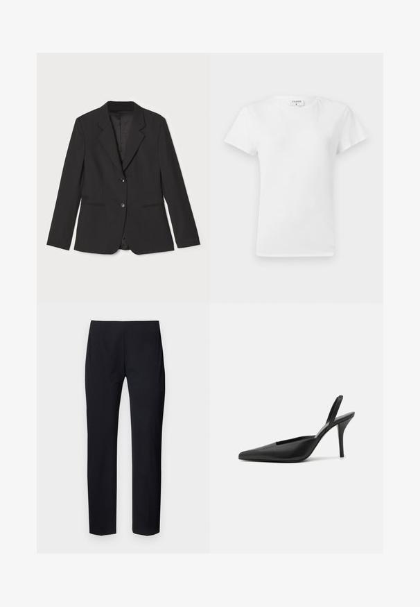 Sort blazer med skræddersyet pasform, enkelt knaplukning, notched lapeller, sidelommer og glat indvendig foring. Lavet af letvægtsstof.; Hvid bomulds t-shirt med rund hals og korte ærmer, præsenteret i et afslappet fit og minimalistisk design. Etiketten er synlig ved halsen.; Sorte skræddersyede bukser med slim fit, der har en glat overflade og en flad forside. Ingen synlige lommer eller hardware-detaljer.; Sorte slingback høje sko med spidse tæer, glat lædermateriale og et elegant, minimalistisk design. Høj stiletto hæl.