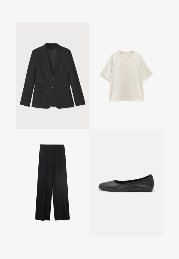 Sort blazer med skræddersyet pasform, enkelt knaplukning, notched lapeller, sidelommer og glat indvendig foring. Lavet af letvægtsstof.; Enkelt lysebeige T-shirt med kortærmet rund hals og afslappet pasform, vist fladt på en hvid baggrund.; Bredde ben sorte bukser med en glat tekstur, med plisseringer foran og en høj talje-design. Ingen synlige lommer eller hardware.; Sort læderballetsko med rund tå, glat tekstur, minimal syning og et fleksibelt såldesign.
