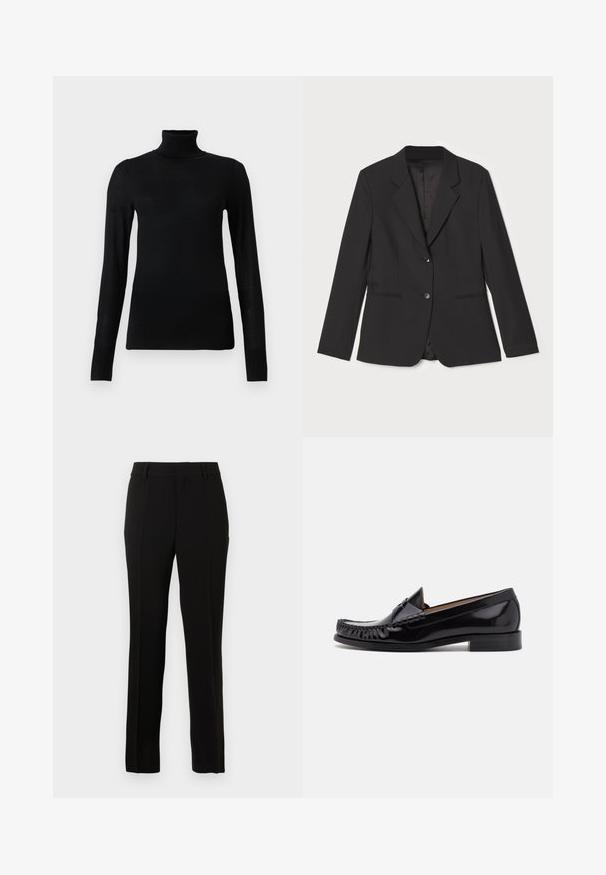 Schwarzer Blazer mit tailliertem Schnitt, einreihiger Knopfschluss, Reverskragen, Seitentaschen und glattem Innenfutter. Hergestellt aus leichtem Stoff.; Schwarzer Rollkragenpullover aus weichem, leichtem Material. Mit langen Ärmeln und einem taillierten Design mit hohem Kragen.; Schwarze maßgeschneiderte Hose aus glattem Stoff, mit geradem Schnitt, Bügelfalten, Gürtelschlaufen und einem Reißverschluss zum Schließen.; Schwarze Leder-Mokassins mit glänzender Oberfläche, ausgestattet mit Fransenverzierungen an der Vorderseite und einem niedrigen, gestapelten Absatz.
