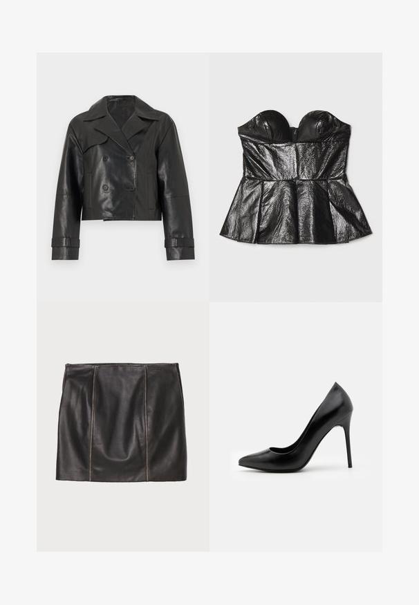 Sort cropped læderjakke med brede revers, dobbeltradede knapper, lange ærmer og justerbare manchetstropper.; Sara Battaglia SWEETHEART - Top - black; Sort læderskørt med stikninger, lige silhuet og glat tekstur. Minimalistisk design uden metaldele.; Sorte læder højhælede pumper med spids tå og glat overflade. Har en slank stilethæl og et lavt udskæringsdesign.