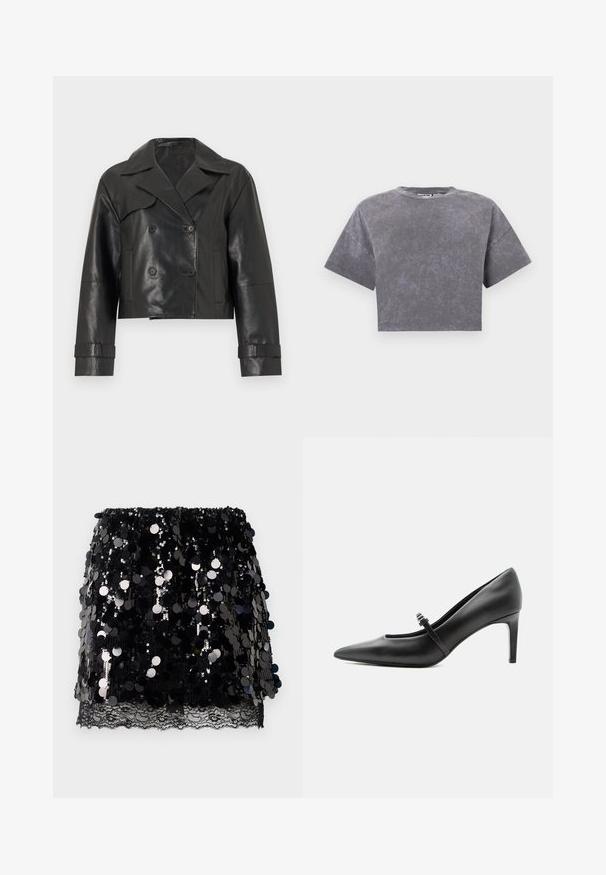 Sort cropped læderjakke med brede revers, dobbeltradede knapper, lange ærmer og justerbare manchetstropper.; Kort grå crop-top med en falmet, udvasket tekstur og brede korte ærmer mod en ensartet hvid baggrund.; Sort mini nederdel med store, blanke paletter lagd over en delikat sort blondekant i bunden, fladt lagt ud på hvid baggrund.; Sort læderspids højhælede sko med tynd rem og spænde over vristen, stående på en neutral lys baggrund.