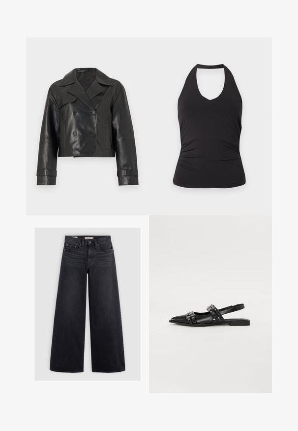 Schwarze, kurz geschnittene Lederjacke mit breiten Revers, doppelreihigen Knöpfen, langen Ärmeln und verstellbaren Manschettenriemen.; Schwarzes ärmelloses Neckholder-Top mit taillierter Passform und leichter Raffung an den Seiten, dargestellt auf hellem einfarbigem Hintergrund.; Schwarze Jeans mit weitem Bein aus Denim, mit hoher Taille, fünf Taschen und dezenten Verwaschungen an der Vorderseite.; Even&Odd Sling-Ballerina - black