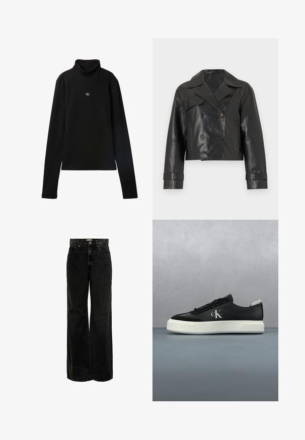 Sort cropped læderjakke med brede revers, dobbeltradede knapper, lange ærmer og justerbare manchetstropper.; Sort ribstrikket bluse med lange ærmer og lille firkantet Calvin Klein-logo placeret centralt på brystet.; Sorte brede jeans i denim, med høj talje, forlommer og kobberknapdetaljer. Glat tekstur med et klassisk snit.; Sort sneakers i læder med hvid sål og "cK"-logo, svævende over et trægulv udendørs ved et træ og en betonvæg.