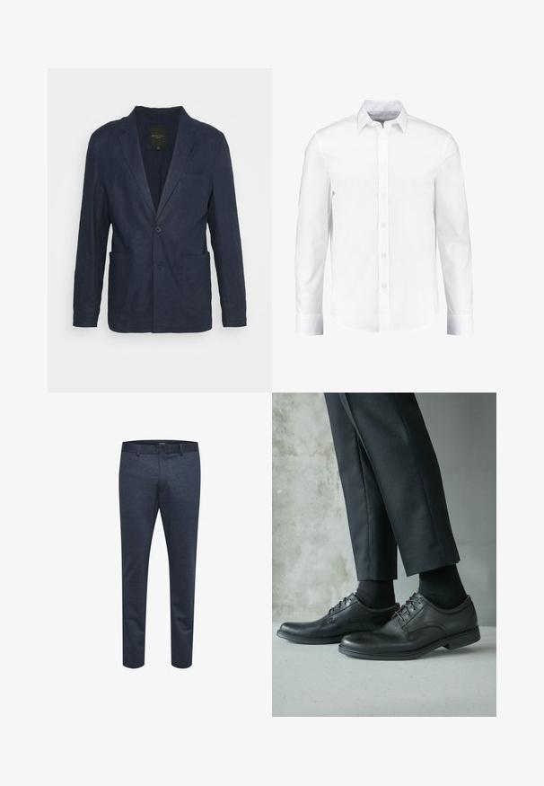 Brave Soul WELLINGTON - Jakkesæt blazere - navy blue; Hvid langærmet skjorte med knapper lavet af glat bomuld. Har en klassisk krave og knaplukning foran med en lige nederkant.; Marineblå bukser lavet af struktureret stof med slim fit, med knaplukning og bæltestropper, velegnede til afslappet eller formelt brug.; Sorte lædersko til kjole båret med sorte sokker og sorte skræddersyede bukser mod en grå beton og glat væg baggrund.