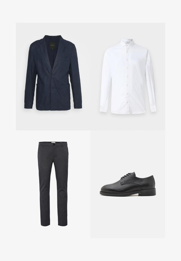 Brave Soul WELLINGTON - Jakkesæt blazere - navy blue; Hvid langærmet skjorte med knapper i bomuld, med klassisk krave, lige snit og en glat tekstur med matchende knapper.; Mørkegrå slim-fit bukser lavet af tekstureret stof, med knaplukning, bæltestropper og sidelommer til praktisk brug.; Sort læder oxford sko med en rund tå, der har en glat overflade, fem huller til snørebånd og en lav stablet hæl.