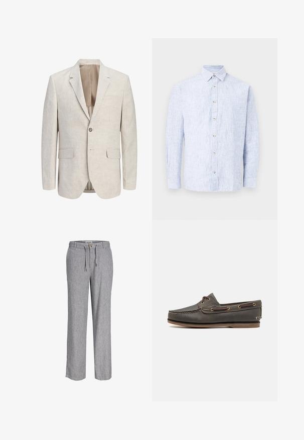 Blazer beige clair à simple boutonnage avec revers à encoches, une fermeture à un bouton, deux poches à rabat et une poche poitrine passepoilée, ouvert pour montrer la doublure.; Chemise pour homme à manches longues avec boutons, à rayures verticales bleu clair et blanches, col pointu, posée à plat sur un fond blanc.; Pantalon décontracté gris clair avec taille à cordon, fermeture à bouton, passants de ceinture et jambes droites.; Bateau en cuir marron foncé avec un profil bas, comportant des œillets en laiton et des coutures contrastées, une semelle en caoutchouc plate et une finition texturée.
