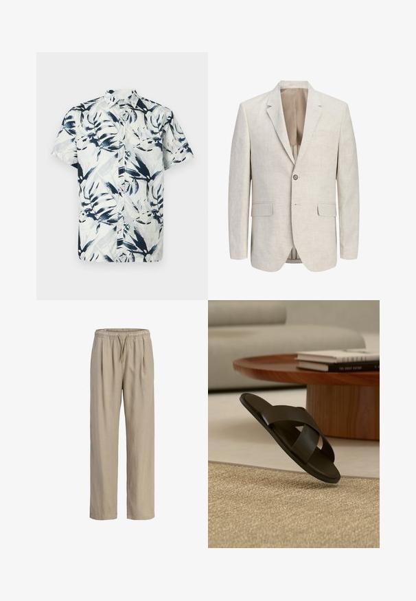 Blazer beige clair à simple boutonnage avec revers à encoches, une fermeture à un bouton, deux poches à rabat et une poche poitrine passepoilée, ouvert pour montrer la doublure.; Chemise à manches courtes avec un motif de feuilles bleu et blanc, boutons sur le devant et col. Confectionnée en tissu léger et respirant.; Pantalon beige à coupe ample avec taille élastique et cordon de serrage, jambes droites et poches latérales.; Sandale slide en cuir noir avec larges brides croisées sur un tapis beige, près d'une table basse ronde en bois avec des livres empilés.
