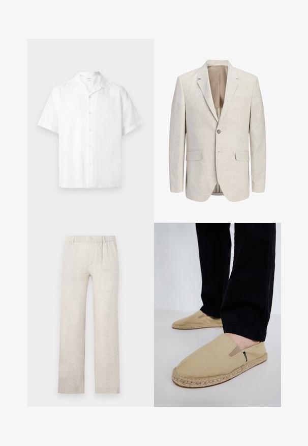 Blazer beige clair à simple boutonnage avec revers à encoches, une fermeture à un bouton, deux poches à rabat et une poche poitrine passepoilée, ouvert pour montrer la doublure.; Chemise blanche à manches courtes boutonnée avec col camp, fabriquée en tissu léger, présentée sur un fond uni.; Pantalon en lin beige clair avec une coupe droite, une taille élastique et une fermeture à bouton. Texture minimale avec des détails de couture subtils.; Chaussures slip-on en toile beige avec des goring élastiques, semelle en corde de jute et coutures contrastantes. Portées avec un pantalon noir fuselé.