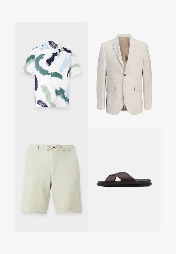 Blazer beige clair à simple boutonnage avec revers à encoches, une fermeture à un bouton, deux poches à rabat et une poche poitrine passepoilée, ouvert pour montrer la doublure.; Chemise à manches courtes boutonnée avec des motifs abstraits de coups de pinceau en vert, bleu, noir et blanc sur fond blanc.; Shorts beige clair jusqu'aux genoux avec passants de ceinture et cordon noué à la taille, présentés devant un fond uni.; Sandale à glissière à lanières croisées de couleur marron, dotée d'une finition mate, d'une semelle noire plate et d'une texture lisse. Design minimaliste sans matériel visible.