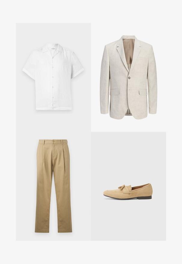 Lichtbeige enkelrijige blazer met ingekeepte revers, sluiting met één knoop, twee klepzakken en een borstzak met bies, open om de voering te laten zien.; Korte mouwen wit linnen overhemd met een kraag en vijf lichtgekleurde knopen aan de voorkant; gladde textuur en een ontspannen pasvorm.; Beige chinos met een rechte pijp, geplooide voorkant en knoopsluiting. Gladde textuur en standaard ontwerp van de tailleband.; Beige suède loafers met een ronde neus, een kwastaccent en gestikte details. Lage, platte bruine zool. Eenvoudig ontwerp zonder patronen.