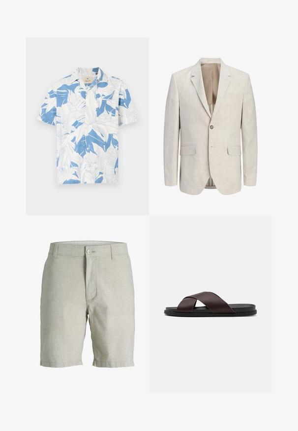 Lichtbeige enkelrijige blazer met ingekeepte revers, sluiting met één knoop, twee klepzakken en een borstzak met bies, open om de voering te laten zien.; Korte mouw shirt met een wit en blauw tropisch bladpatroon, gemaakt van lichtgewicht stof. Heeft een klassieke kraag en een knoopsluiting aan de voorkant.; Lichtbeige linnen herenbroekjes met knoopsluiting, riemlussen en zakken aan de voorkant, getoond tegen een witte achtergrond.; Bruine sandaal met kruisbanden, voorzien van een matte afwerking, vlakke zwarte zool en een gladde textuur. Minimalistisch ontwerp zonder zichtbare bevestigingsmaterialen.