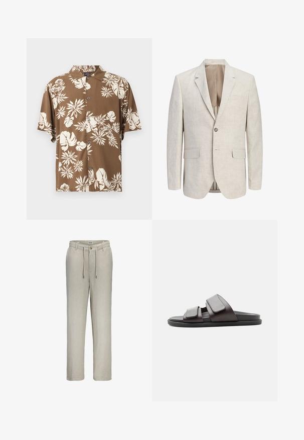 Blazer beige clair à simple boutonnage avec revers à encoches, une fermeture à un bouton, deux poches à rabat et une poche poitrine passepoilée, ouvert pour montrer la doublure.; Chemise marron à manches courtes boutonnée, imprimé floral tropical crème et col à pointes évasées.; Pantalon beige à jambes droites avec passants pour ceinture, fermeture par bouton, zip devant, et taille réglable avec cordon de serrage.; Sandale slide marron foncé avec deux larges sangles velcro réglables et une semelle noire, vue de côté sur fond blanc.