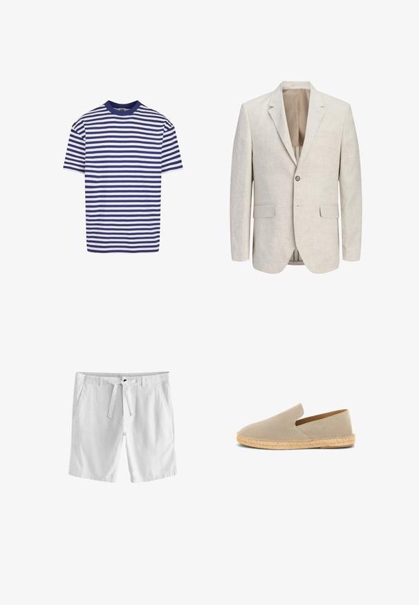 Americana beige claro de corte sencillo con solapas de muesca, cierre de un botón, dos bolsillos con solapa y un bolsillo de ribete en el pecho, desabrochada para mostrar el forro.; Camiseta de manga corta a rayas con rayas horizontales azul marino y blancas, cuello redondo, corte relajado y material de algodón suave.; Pantalones cortos de lino blanco con una cinturilla ajustable, dos bolsillos laterales y un diseño frontal plano. Textura suave y estilo informal, adecuados para el clima cálido.; Espadrilla beige de ante tipo slip-on con suela envuelta en yute y tacón bajo, vista lateral sobre fondo blanco.