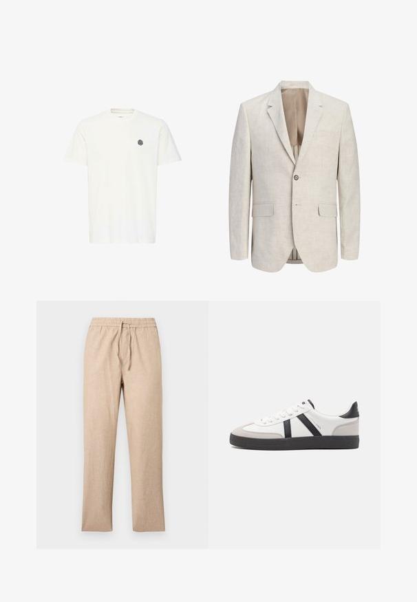 Blazer beige clair à simple boutonnage avec revers à encoches, une fermeture à un bouton, deux poches à rabat et une poche poitrine passepoilée, ouvert pour montrer la doublure.; T-shirt blanc à manches courtes en coton, arborant un petit logo géométrique noir sur la poitrine gauche. Coupe droite et col rond.; Pantalon beige en lin avec cordon de serrage, taille élastique, coupe droite et sans poches apparentes, présenté sur un fond gris clair.; Baskets blanches avec des accents noirs et gris, présentant un embout texturé gris, une semelle en caoutchouc noir et des lacets plats blancs. Design épuré, style minimaliste.