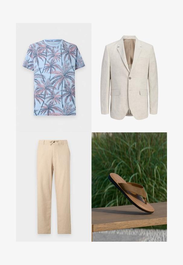 Blazer beige clair à simple boutonnage avec revers à encoches, une fermeture à un bouton, deux poches à rabat et une poche poitrine passepoilée, ouvert pour montrer la doublure.; T-shirt bleu clair à manches courtes avec un motif intégral de palmiers rose et bleu marine.; Pantalons en lin beige clair avec taille à cordon, coupe droite, poches avant et texture lisse. Design minimaliste sans motifs.; Sandale tong marron avec bride texturée et semelle noire, posée sur le bord d'un banc en bois, plantes vertes floues en arrière-plan.