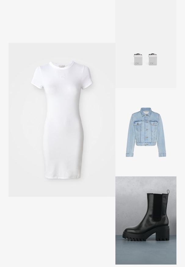Φωτεινό μπλε cropped denim μπουφάν με κουμπιά μπροστά, δύο τσεπάκια στο στήθος με κουμπιά, μακριά μανίκια και ετικέτα Calvin Klein στην αριστερή τσέπη.; Λευκό βαμβακερό φόρεμα με κοντό μανίκι, στενή γραμμή και στρογγυλή λαιμόκοψη. Διαθέτει ένα μικρό κεντημένο λογότυπο στο στήθος.; Μαύρη δερμάτινη μπότα αστραγάλου με στρογγυλή μύτη, χοντρή πλατφόρμα και πλέγμα στις πλευρές. Διαθέτει ετικέτα για εύκολη εφαρμογή.; Ασημένια τετράγωνα μανικετόκουμπα με γυαλιστερή φινίρισμα, που φέρουν χαραγμένα τα γράμματα "CK" από τη μία πλευρά και στρογγυλή λεπτομέρεια από πάνω.