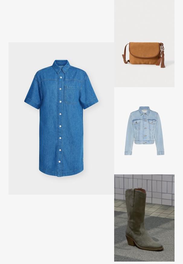 Φωτεινό μπλε cropped denim μπουφάν με κουμπιά μπροστά, δύο τσεπάκια στο στήθος με κουμπιά, μακριά μανίκια και ετικέτα Calvin Klein στην αριστερή τσέπη.; Πουκάμισο από τζιν με κοντά μανίκια σε έντονο μπλε χρώμα, με κουμπότρυπες, μία τσέπη στο στήθος και ίσια τελειώματα. Απαλή υφή.; Μονή καουμπόικη μπότες από καστόρι μέχρι τη μέση της γαστέρας σε ελιά με ξύλινο στρωματοποιημένο τακούνι, τοποθετημένη σε πλακόστρωτο έδαφος κοντά σε πλακιδωμένο τοίχο.; Καφέ σουέντ τσάντα χιαστί με δερμάτινες λεπτομέρειες, κλείσιμο με καπάκι και διακοσμητική φούντα. Διαθέτει απλό σχέδιο και ρυθμιζόμενο λουρί.