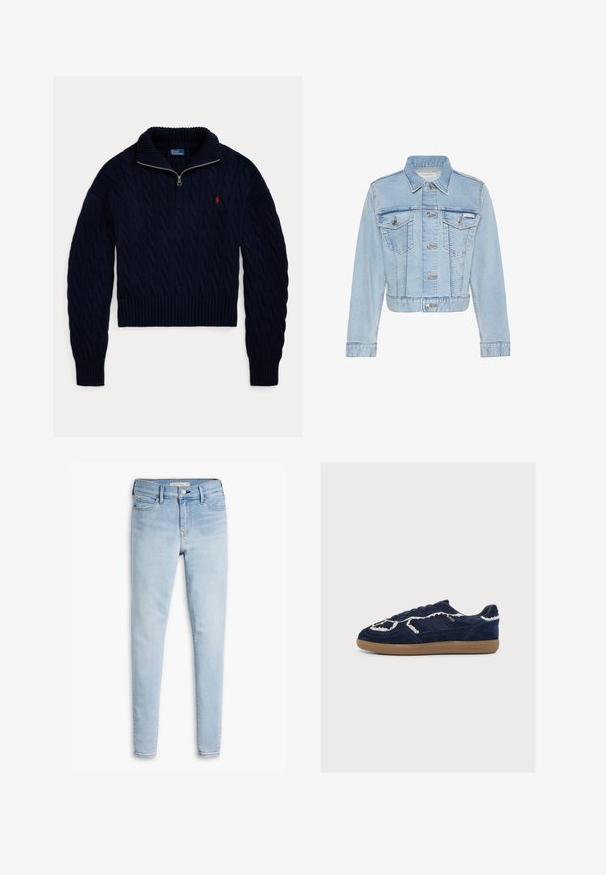 Lyseblå cropped denimjakke med knapper foran, to knappedækkede brystlommer, lange ærmer og Calvin Klein-mærke på venstre lomme.; Mørkeblå kabelstrikket sweater med halvlange lynlås-krave og rød Polo Ralph Lauren-logo broderet på brystet.; Lyseblå skinny jeans lavet af denim; har lynlås foran, knaplukning, samt for- og baglommer; glat tekstur og svag slitage.; Navyblå ruskindssneaker med hvide snore detaljer, gummisål, sort inderfoer og "Alohas" branding på siden.