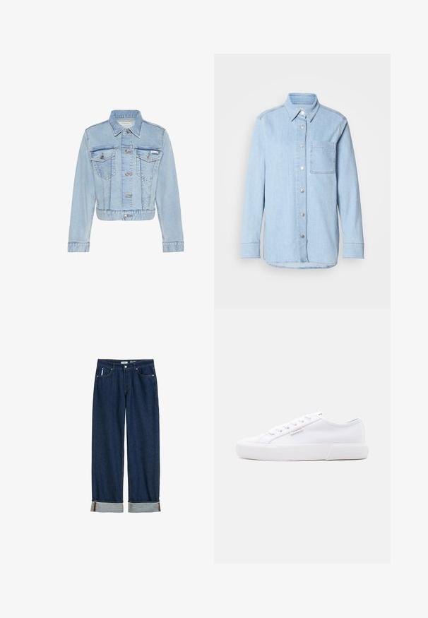 Lichtblauw cropped spijkerjack met knoopsluiting aan de voorkant, twee knoopsluitbare borstzakken, lange mouwen en een Calvin Klein-label op de linkerzak.; Lichtblauwe denim shirt met een knoopsluiting aan de voorkant, puntige kraag, één borstzak en lange mouwen met knoopmanchetten.; Donkerblauwe denim jeans met een rechte pijp, opgerolde boorden, zichtbare stiksels en een klassieke vijf-vakkenstijl.; Witte lage sneaker met plateauzool, veters aan de voorkant en een klein Calvin Klein-logo op de zijkant.