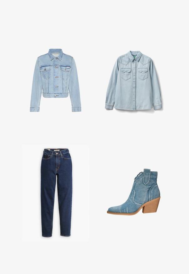 Hellblaue kurze Jeansjacke mit Knopfleiste vorne, zwei geknöpften Brusttaschen, langen Ärmeln und Calvin Klein Etikett an der linken Tasche.; Hellblaue Jeans-Langarmbluse mit spitzem Kragen, durchgehender Knopfleiste und zwei Brusttaschen mit Klappen und Druckknöpfen.; Dunkelblaue Jeans aus Denim mit hoher Taille, Fünf-Taschen-Design und geraden Beinen. Kontrastnähte und Knopfverschluss.; Blaue Denim-Ankle-Boots mit spitzer Zehenform, distressed Textur und einem blockartigen Holzabsatz. Verfügt über seitliche Schlaufen für ein einfaches Anziehen.