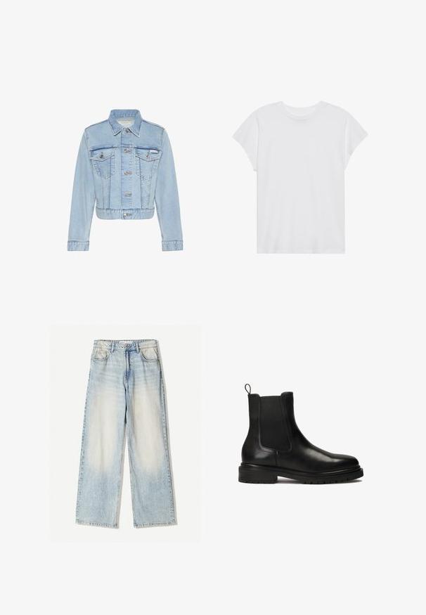 Lyseblå cropped denimjakke med knapper foran, to knappedækkede brystlommer, lange ærmer og Calvin Klein-mærke på venstre lomme.; Hvid kortærmet t-shirt med rund hals, afslappet pasform, lavet af blødt bomuldsstof. Glat tekstur, ingen mønstre eller logoer.; Lyseblå denimbukser med vid ben, der har fem lommer, subtil falmning og synlige sømme langs kanterne.; Sort læder Chelsea boot med elastiske sidestykker, rund tå og en tyk, rillede gummisål. Har en trækflap for nem påtagning.