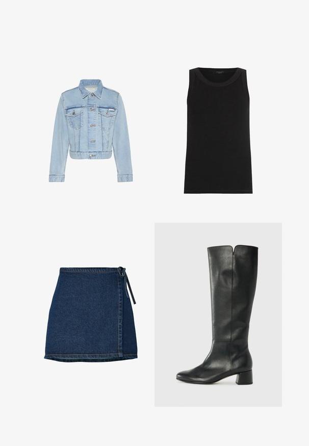 Lichtblauw cropped spijkerjack met knoopsluiting aan de voorkant, twee knoopsluitbare borstzakken, lange mouwen en een Calvin Klein-label op de linkerzak.; AllSaints RINA - Top - black; Denimrok met een wikkelontwerp, donkerblauwe kleur en een gestrikt midden. Bevat stikdetails langs de zoom en de zijnaad.; Zwarte leren kniehoge laars met een blokhak, gladde textuur, minimalistisch ontwerp en een subtiele V-snede aan de bovenkant.